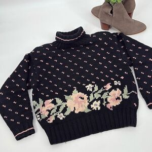 Vintage Liz Sports Petite Hand Knit Cotton Floral Chunky Turtleneck Sweater Mult